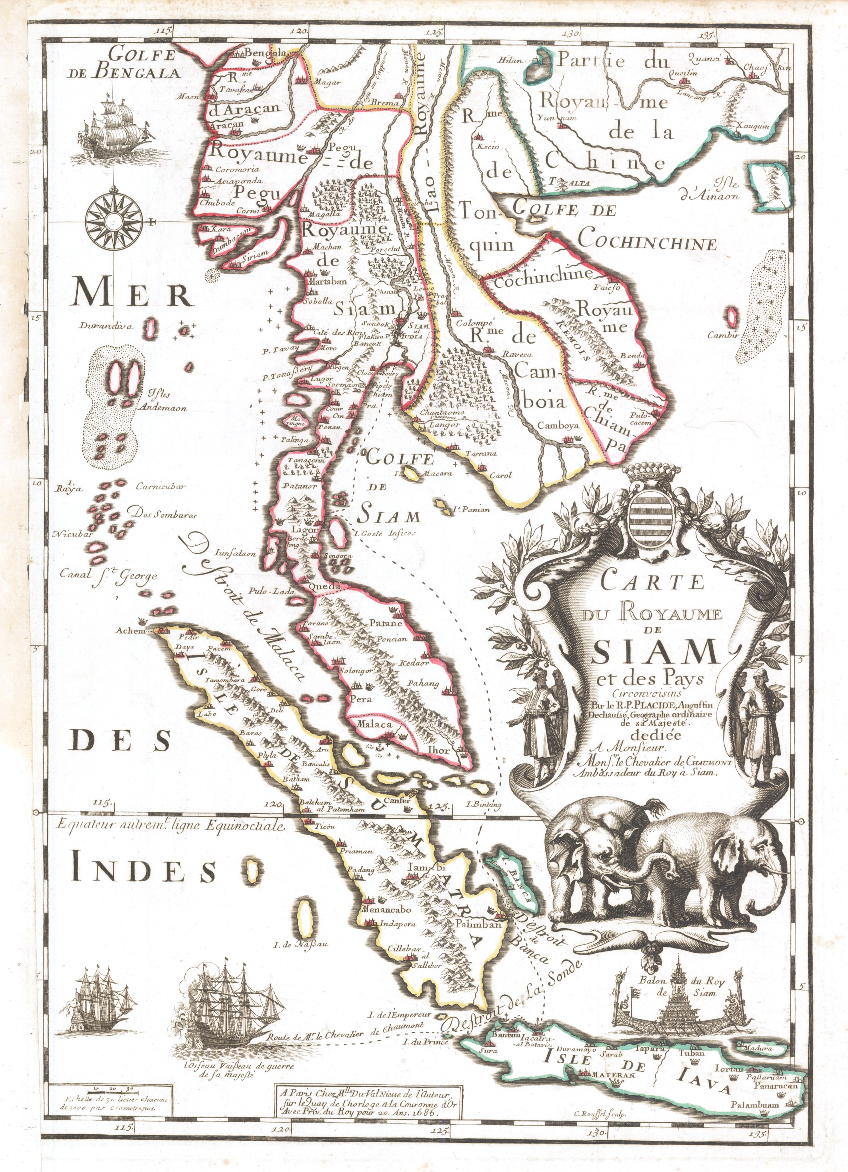 A 1686 French map titled 'Carte du Royaume de Siam.' The Kingdom of Siam is shown in the centre, with the Bay of Bengal and Indian Ocean on the left, Cambodia and Cochinchine to the east, and the Malay Peninsula extending south toward Sumatra and Java. The cartouche is decorated with two elephants. A small compass rose appears in the upper left.